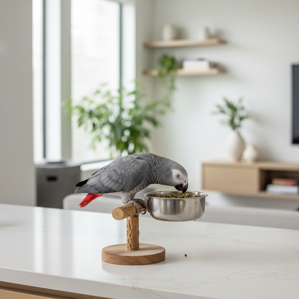 Parrot eating pellets from a stainless steel bowl at home