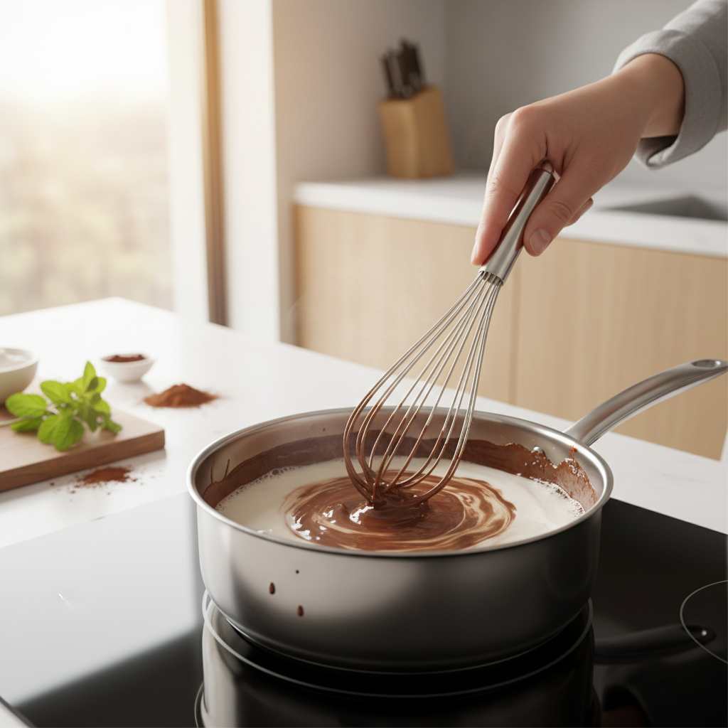 Saucepan whisking cocoa paste into milk for smooth hot chocolate