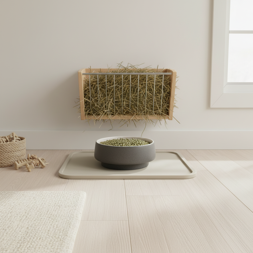 Proper rabbit feeding station with heavy base non-slip bowl on a silicone mat