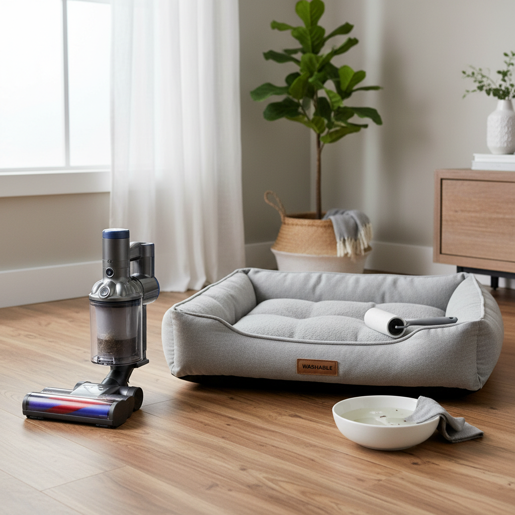 Home flea control supplies with vacuum and washable pet bedding for flea prevention