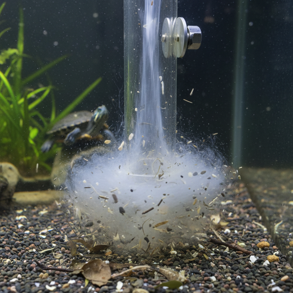 Close-up of siphon vacuum intake lifting debris from turtle tank gravel