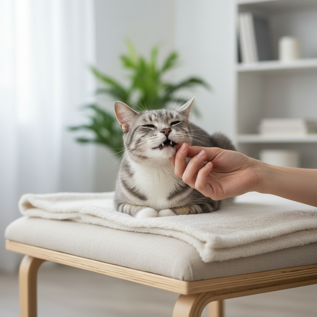 Owner checking a cat’s mouth and teeth to investigate bad breath