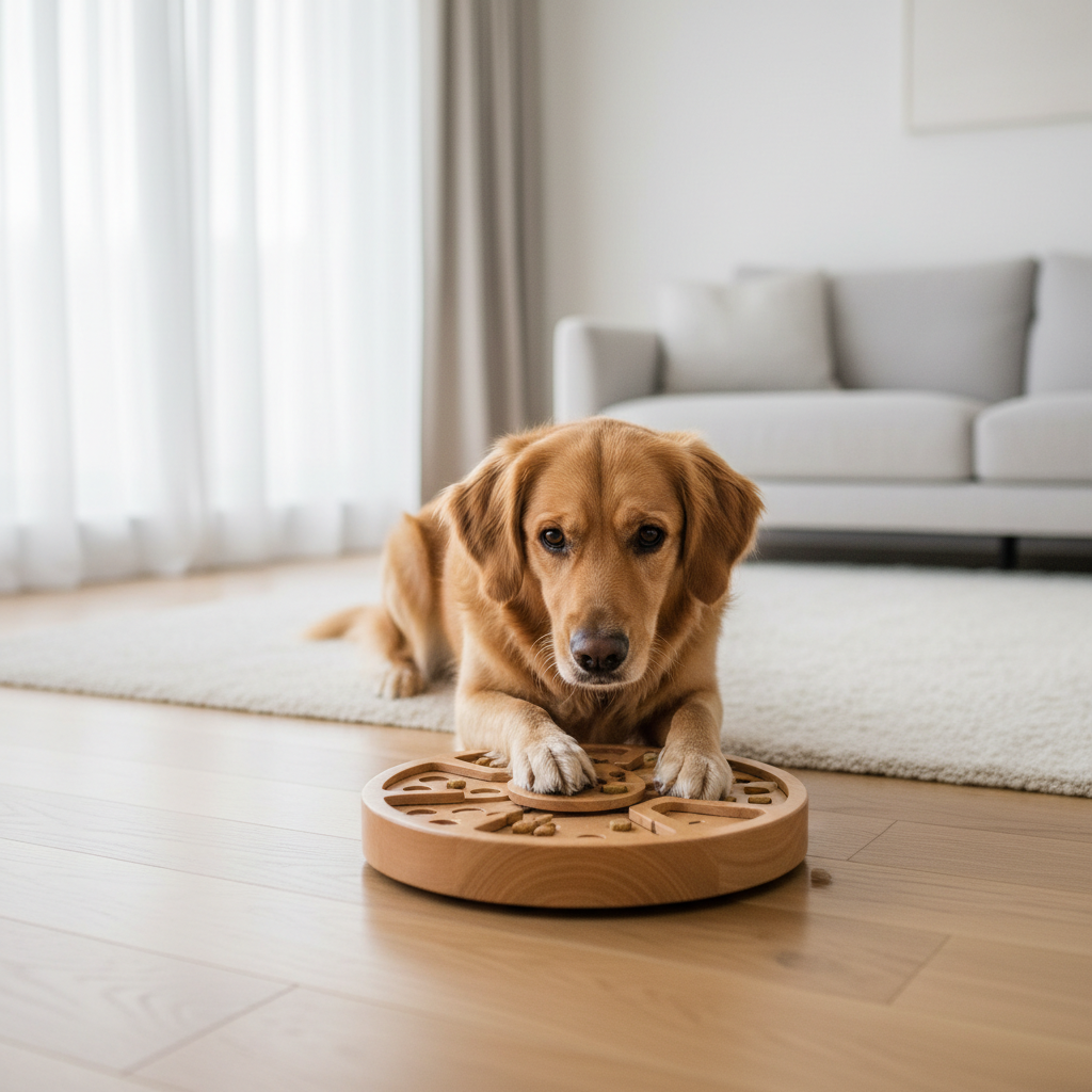Dog using a puzzle toy at home to beat boredom
