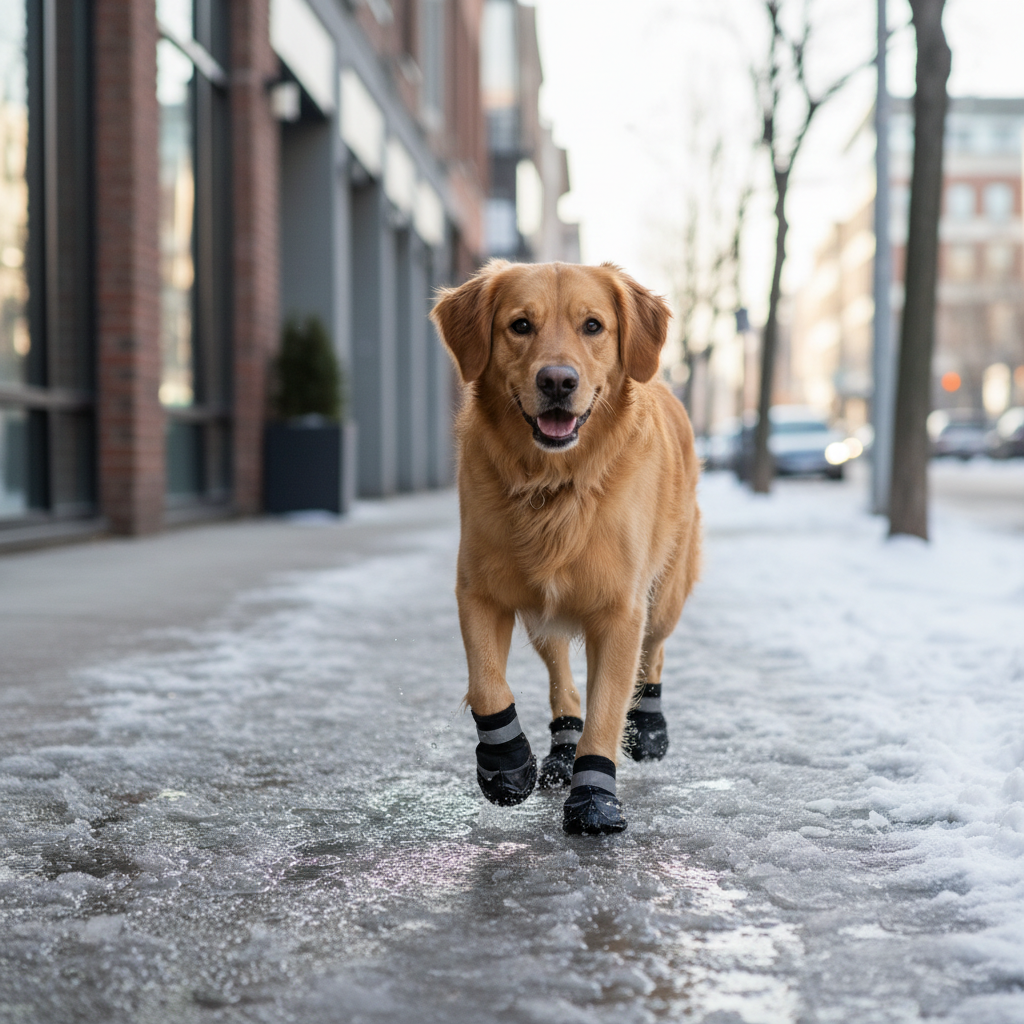 Dog wearing winter rain boots on snowy sidewalk