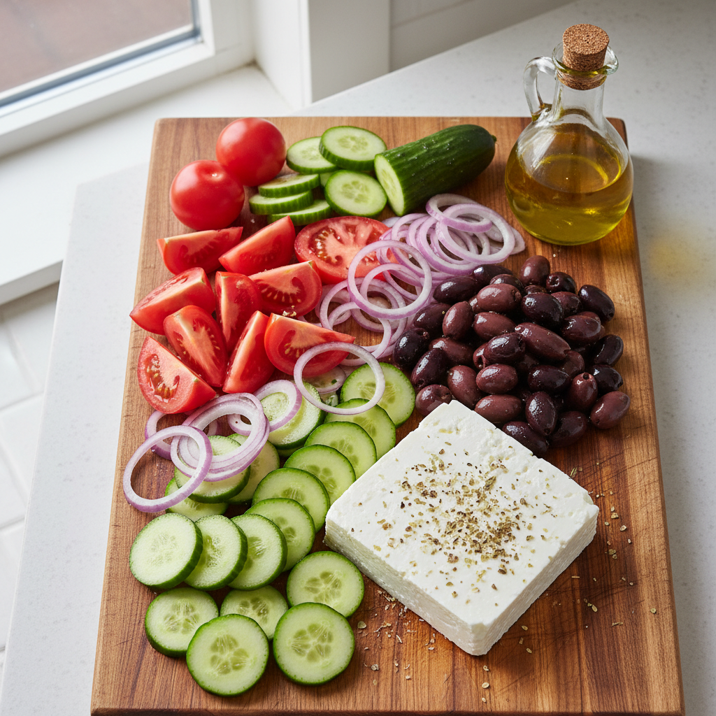 Classic Greek salad ingredients on a cutting board: tomatoes, cucumber, red onion, olives, feta, oregano