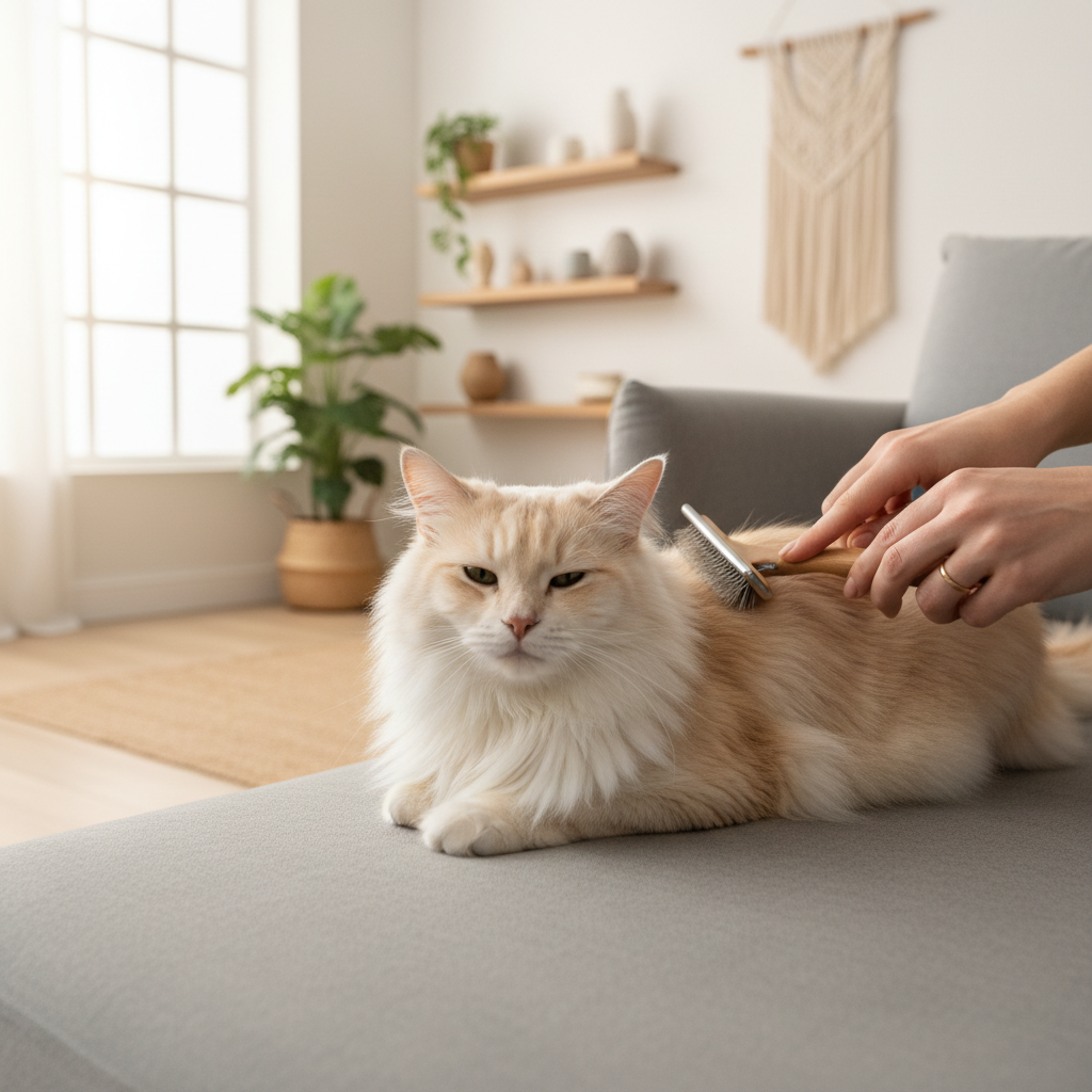 Long-haired cat being brushed at home with a gentle grooming brush