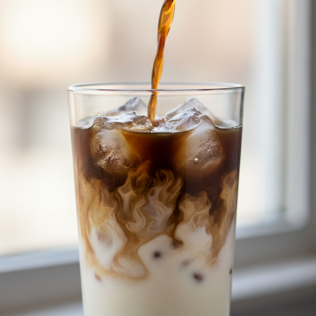 Iced coffee drink being poured over ice with milk swirl