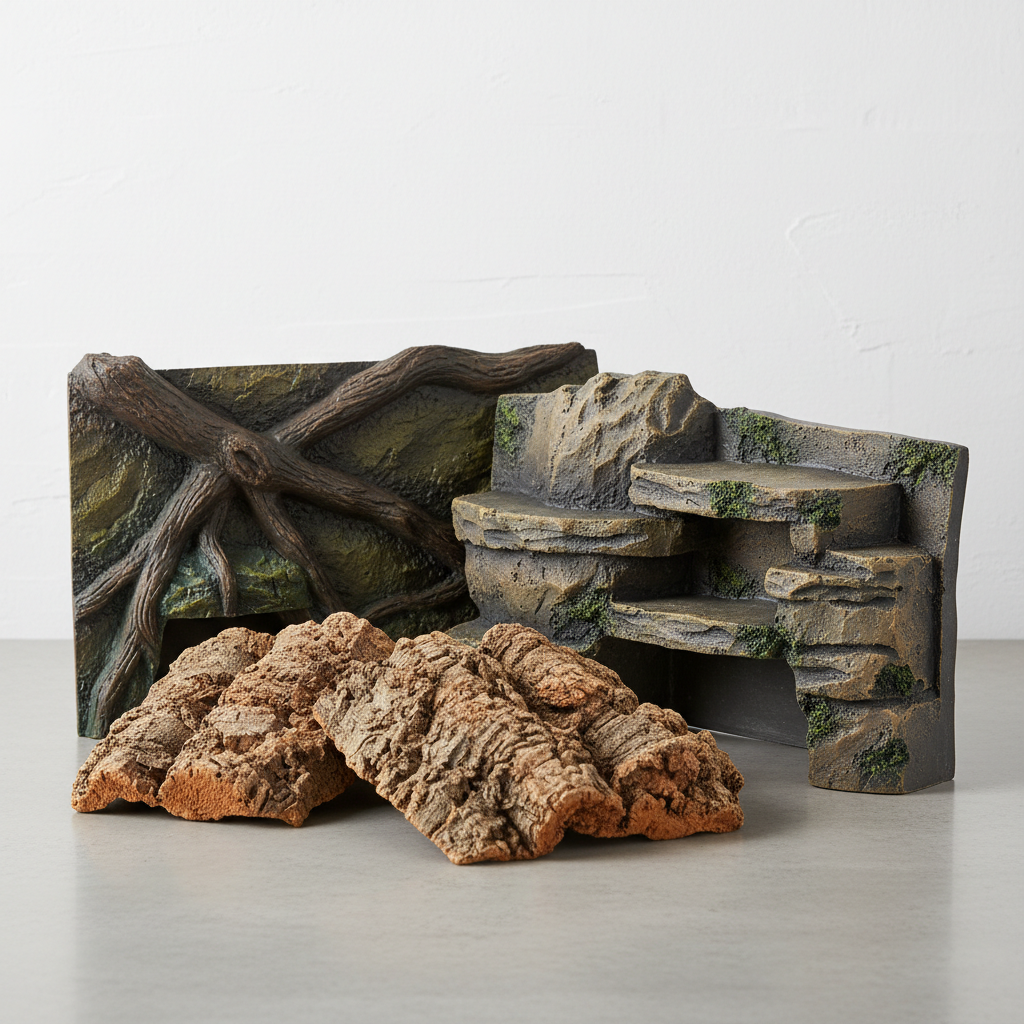 Comparison of foam, cork, and premade reptile background panels laid out for selection