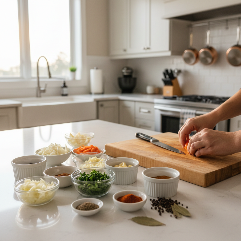 Home cook prepping ingredients on a clean kitchen counter