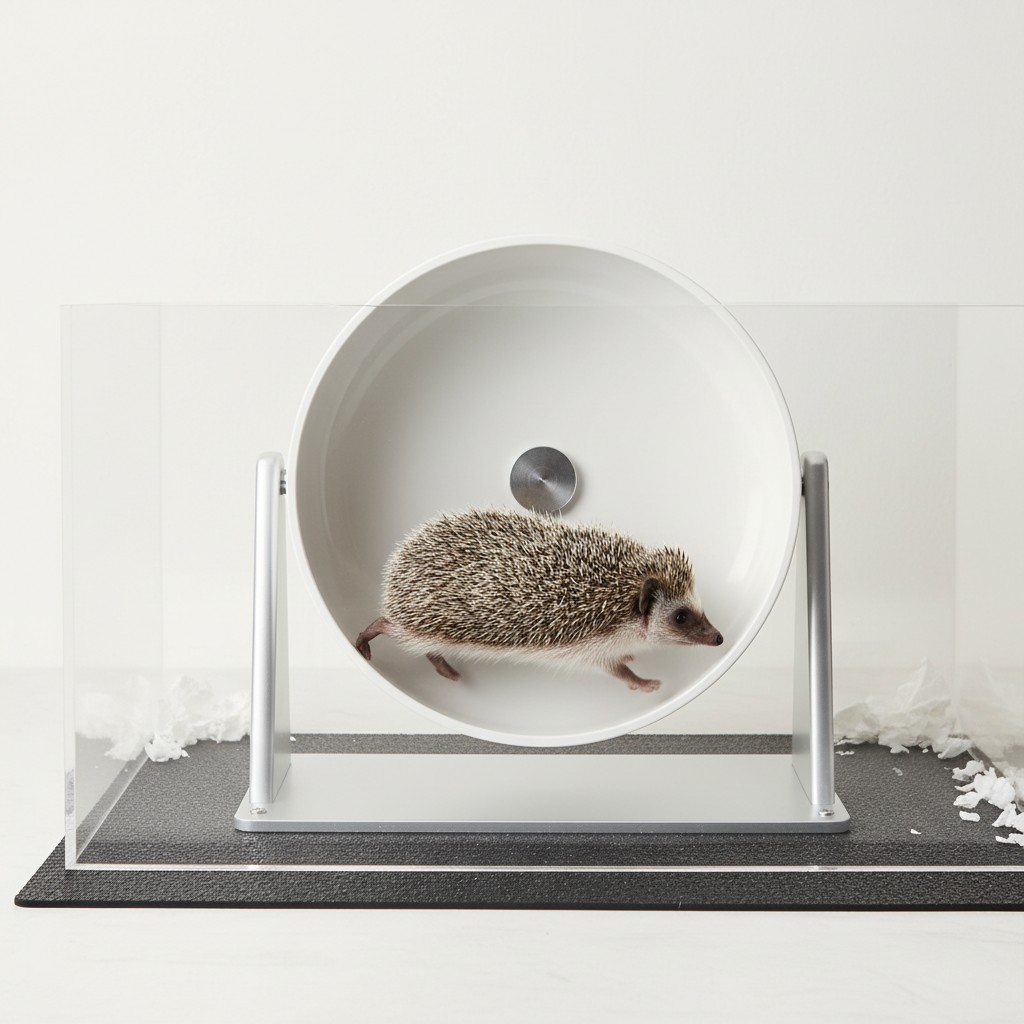 Hedgehog running comfortably on a large solid-surface wheel with low noise setup