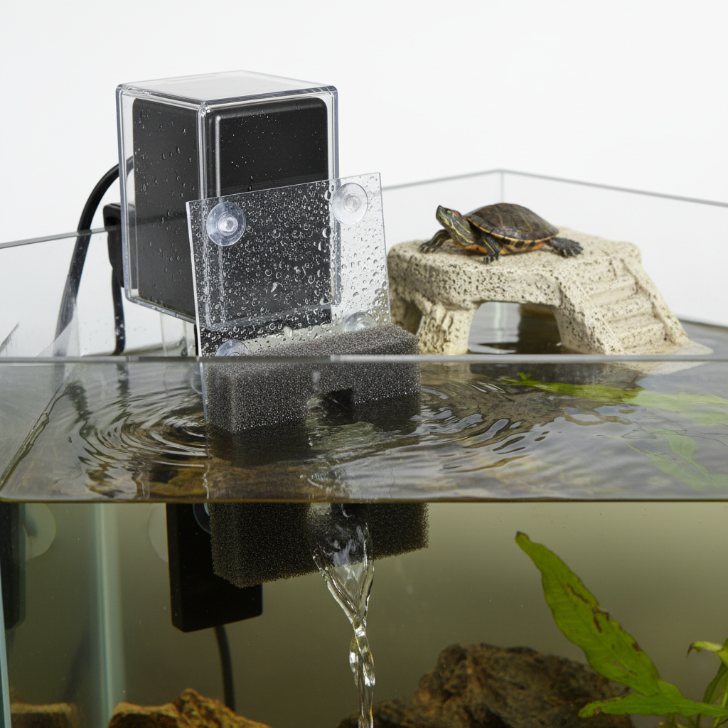 DIY baffle on hang-on-back filter to reduce current in a small turtle aquarium