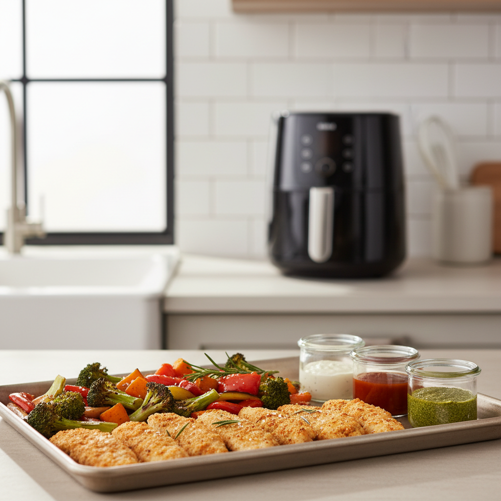 Beginner air fryer meal prep with cooked chicken and vegetables on a sheet pan