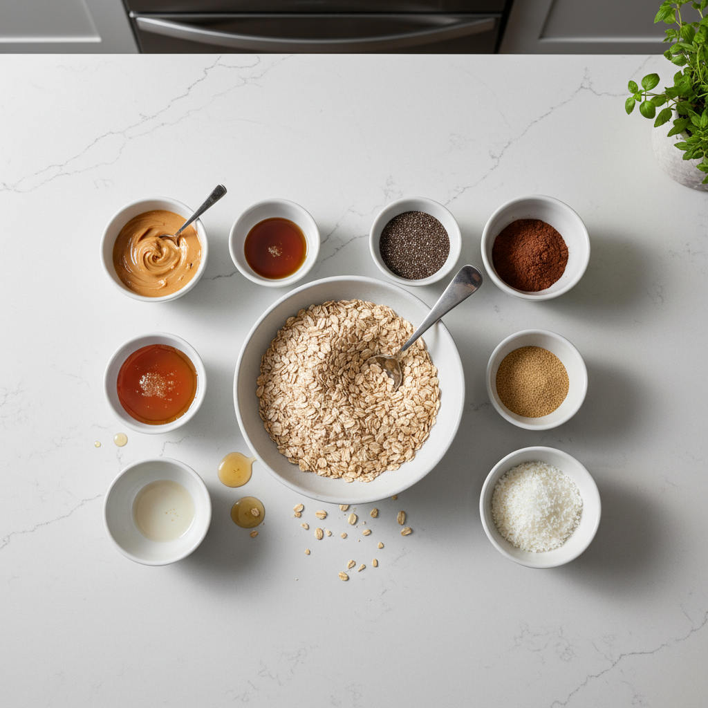 Energy bites ingredient formula with oats, nut butter, seeds, and mix-ins on a counter