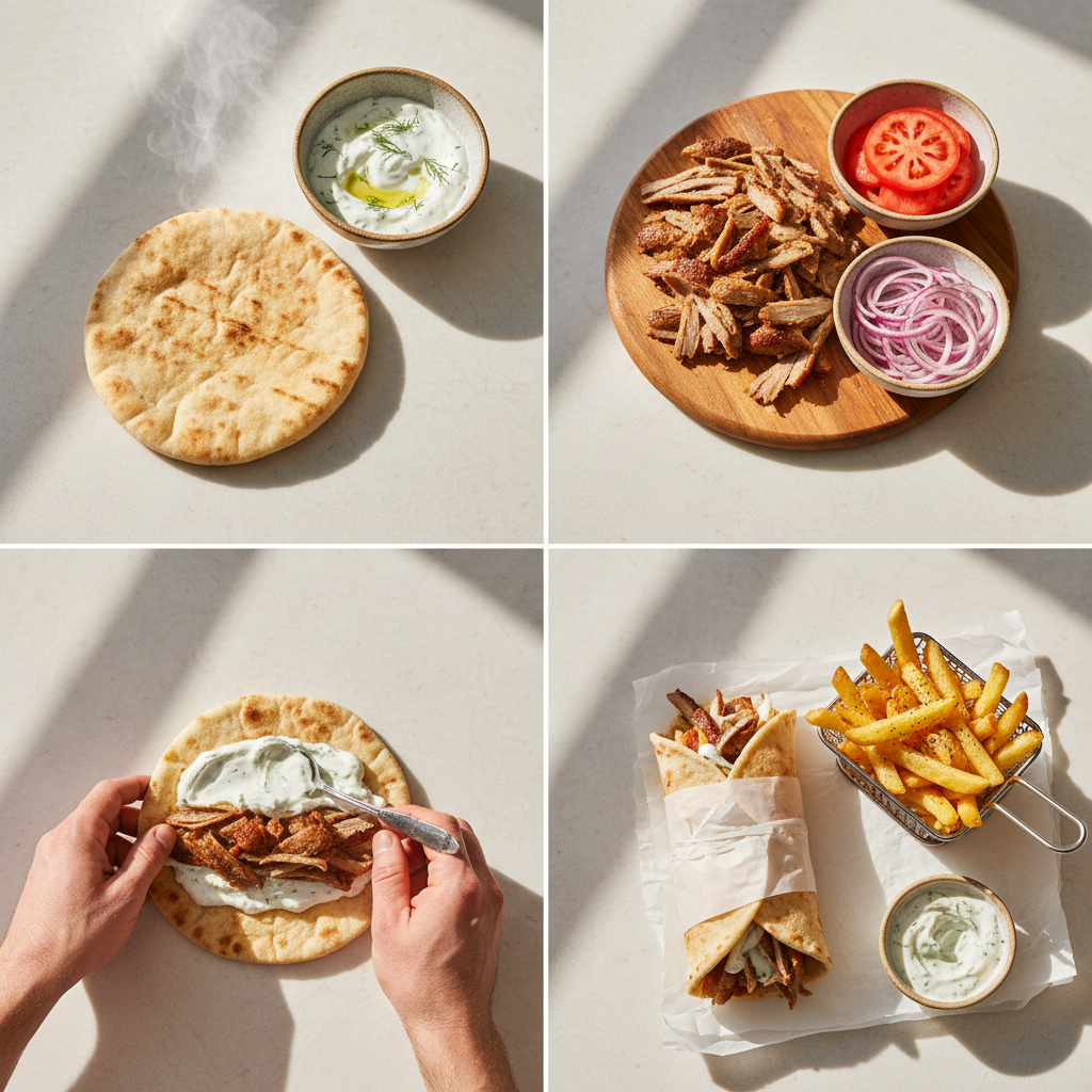 Step-by-step gyro assembly with warmed pita, tzatziki, sliced meat, vegetables, and fries