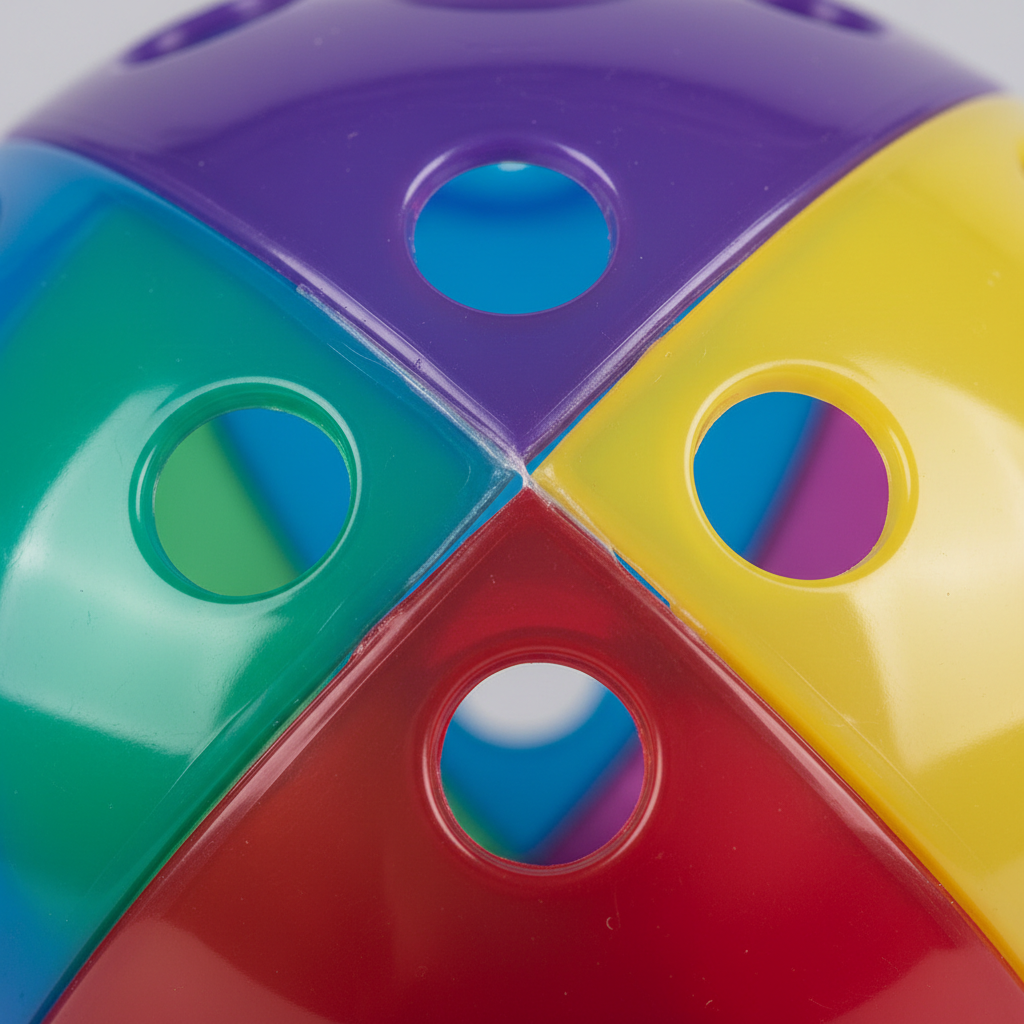 Close-up of a plastic pet ball seam and ventilation holes