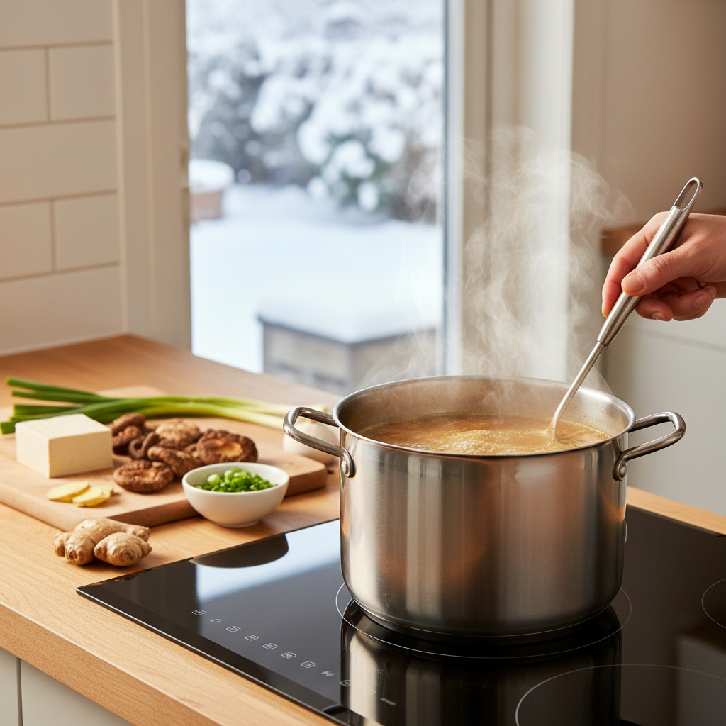 Miso ramen broth being stirred in a pot with ladle and steam