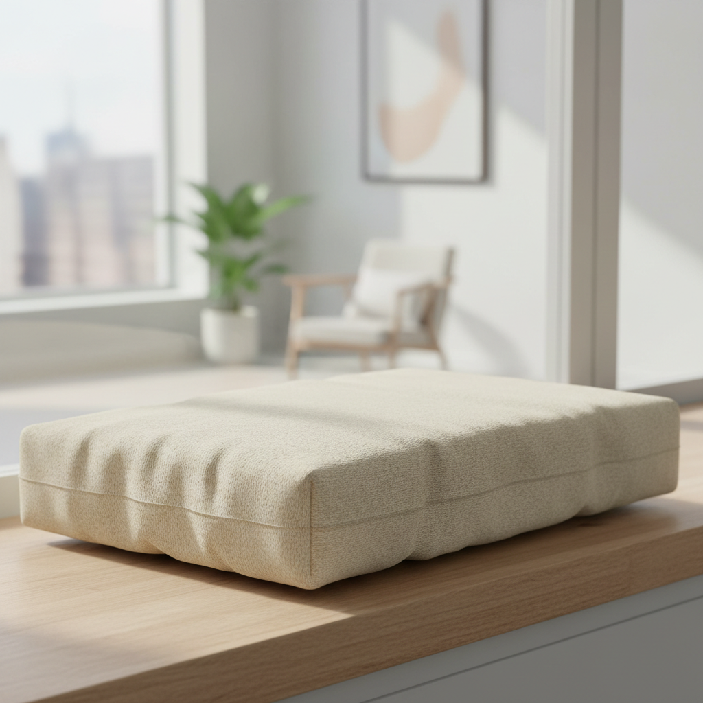 Close-up of plush washable cushion on a cat window perch