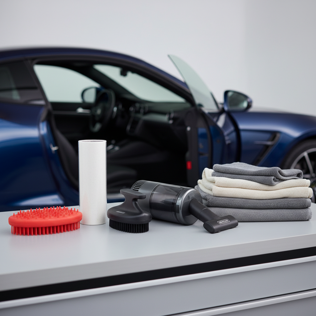 Car detailing kit with rubber brush, lint roller, and handheld vacuum for pet hair