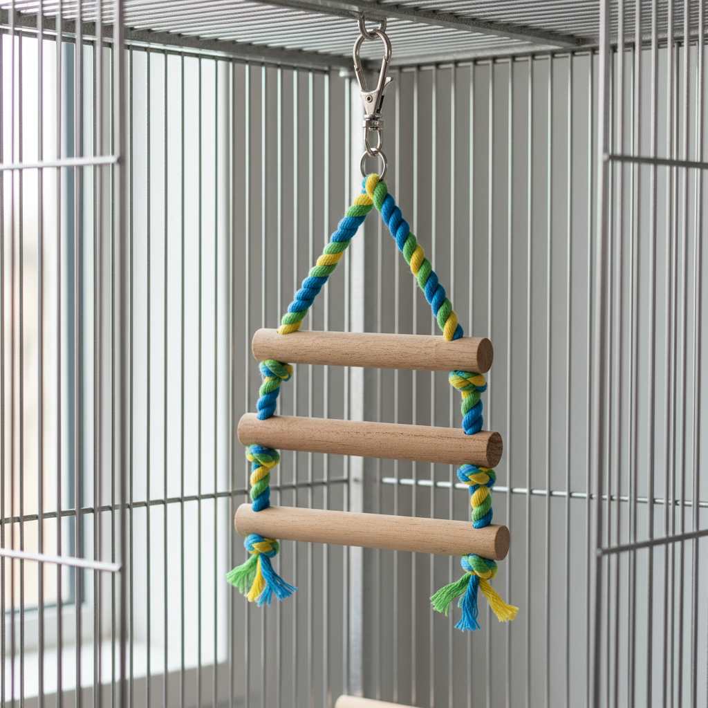 Small bird swing toy hanging in a cage with proper clearance and safe hardware
