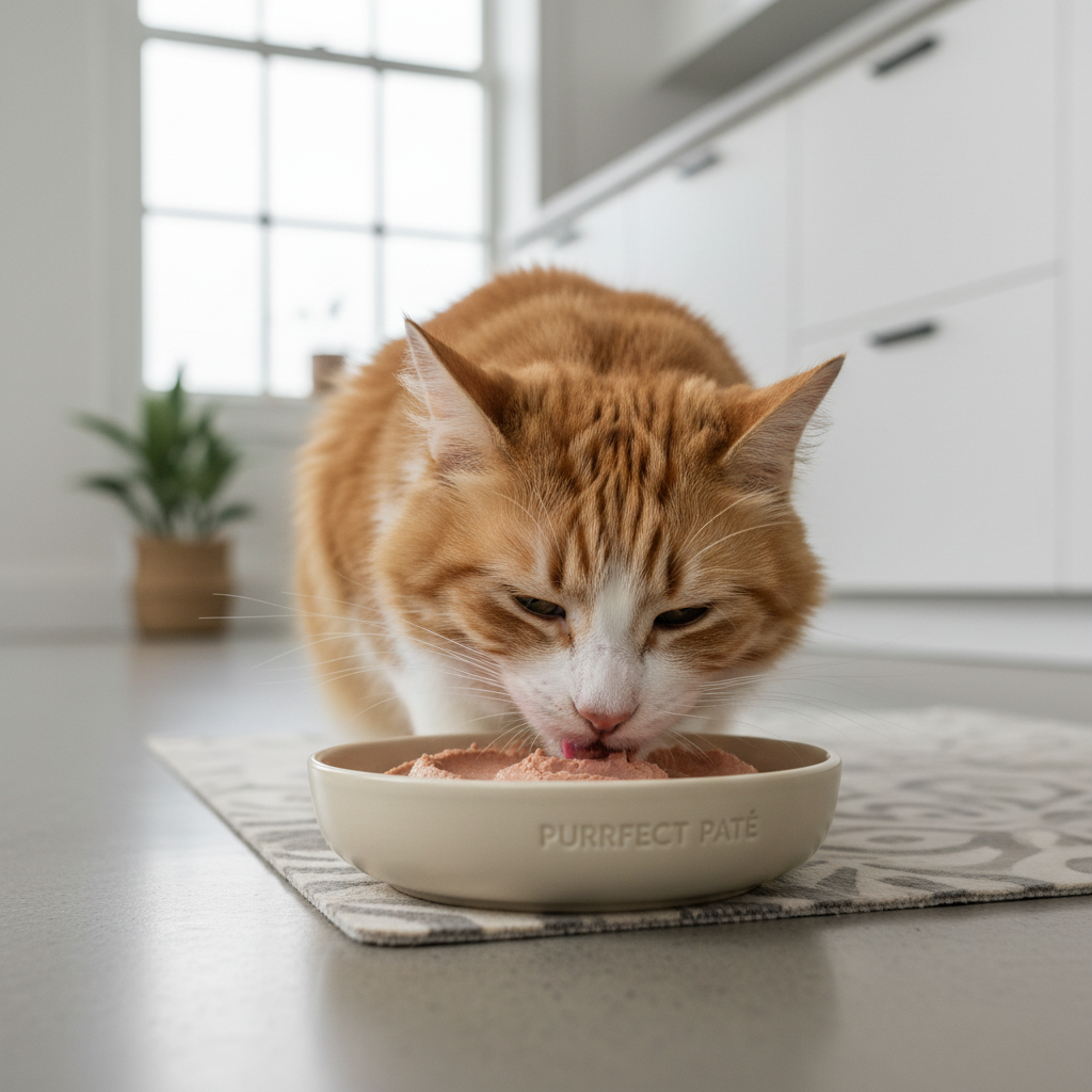 Senior cat eating soft pate wet food from a shallow bowl