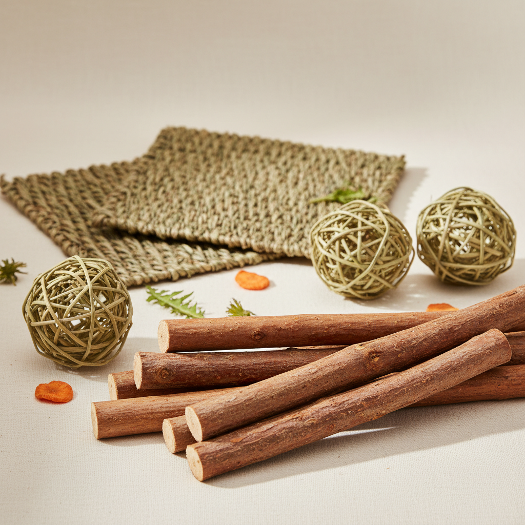 Safe non-toxic chew toys for rabbits and guinea pigs made from natural wood and hay