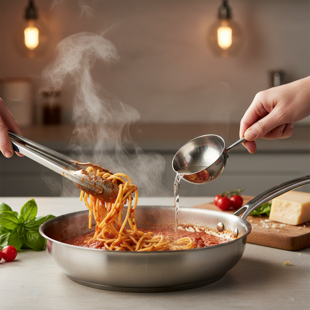 Cook finishing pasta in a pan with tomato sauce and pasta water