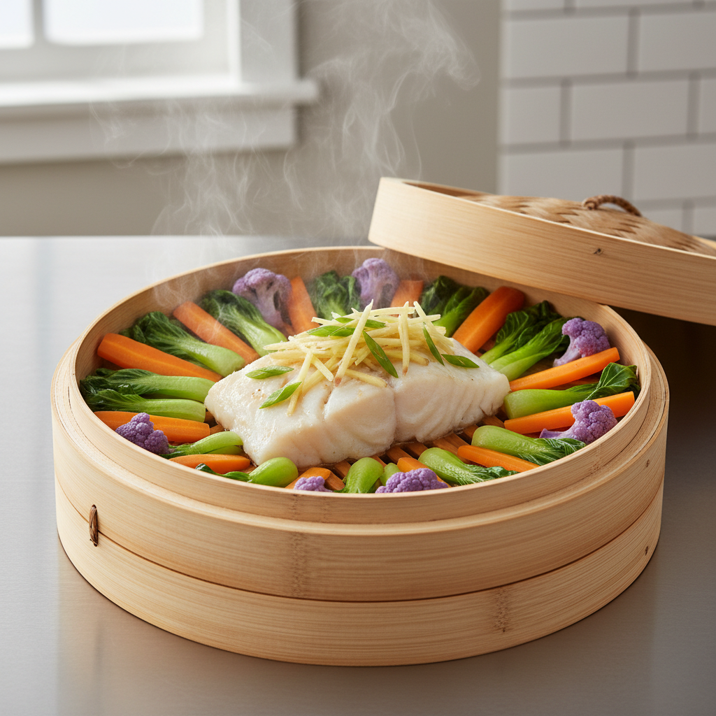 Bamboo steamer with ginger scallion fish and vegetables