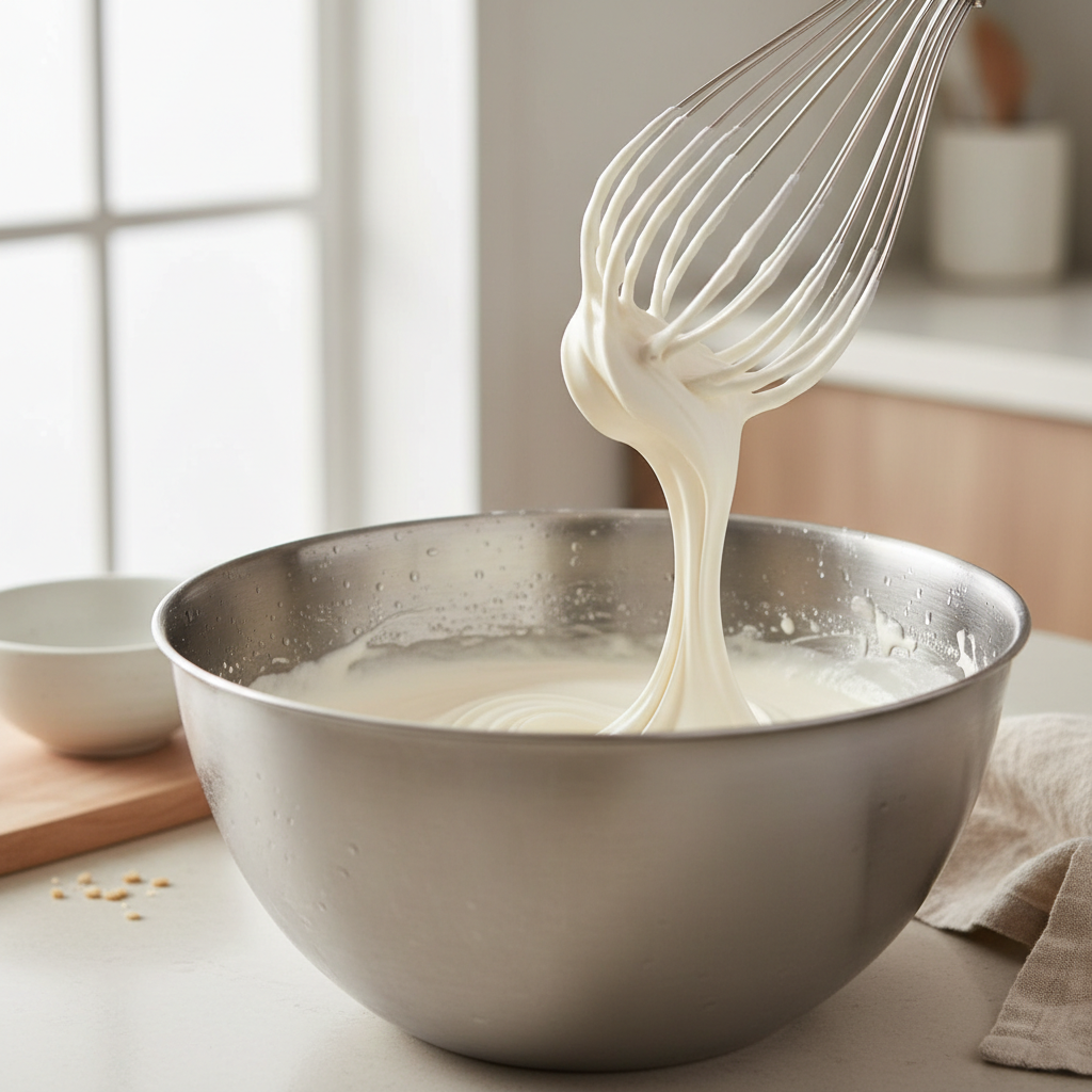 Cold heavy cream being whisked into soft peaks in a stainless steel bowl