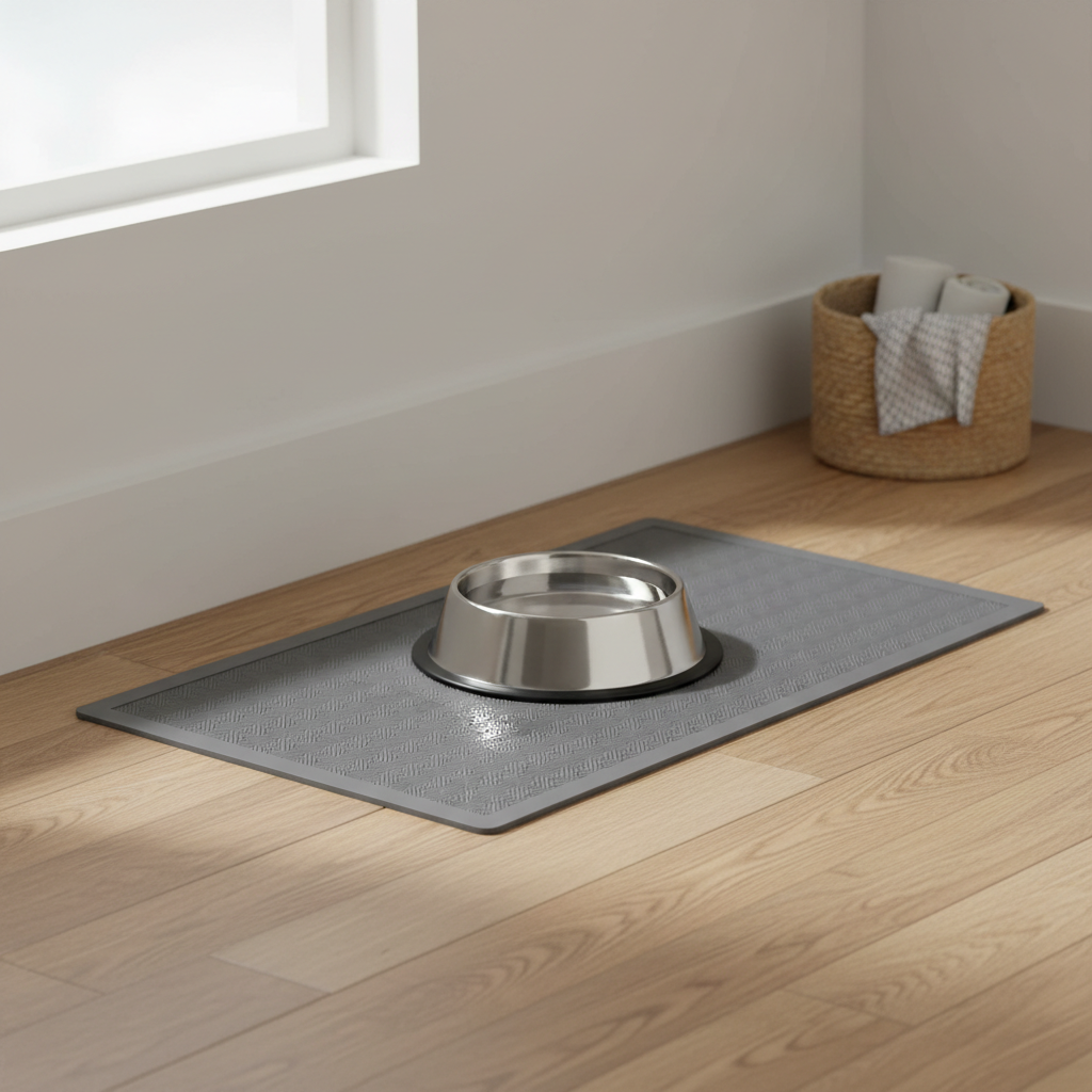 Stainless steel ferret water bowl setup with mat in a corner