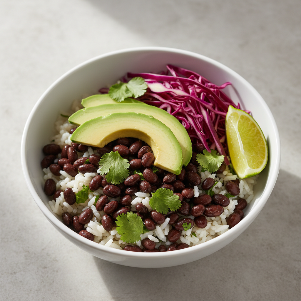 Lime-cilantro black bean bowl with cabbage and avocado, bright zesty meal prep idea