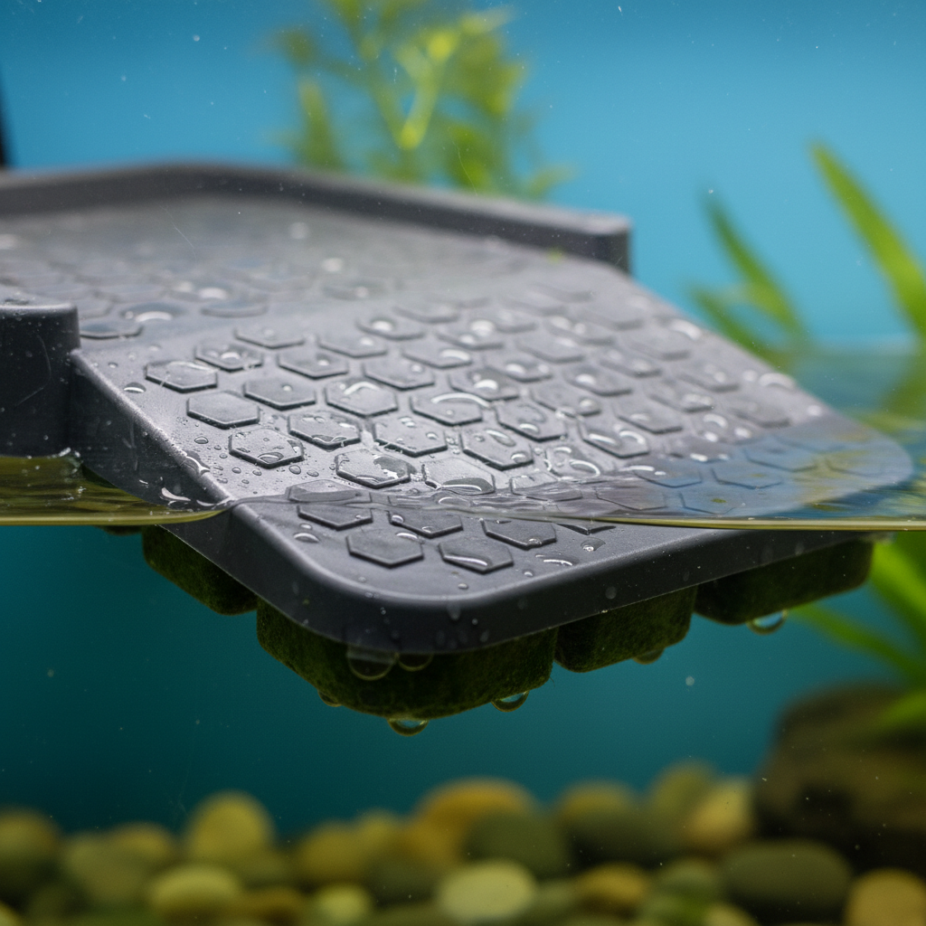 Close-up of a turtle dock ramp showing textured surface and areas where biofilm can build up