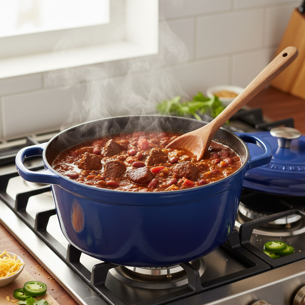 Dutch oven of simmering Texas chili being stirred with thick red sauce