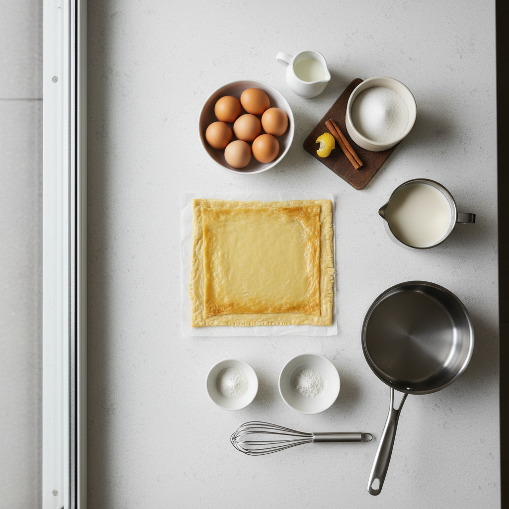 Ingredients for Portuguese custard tarts arranged on a kitchen counter