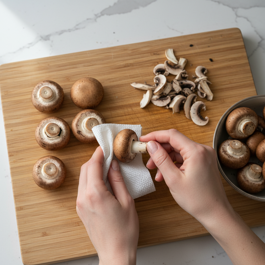 Hands cleaning mushroom caps and removing stems for stuffed mushrooms
