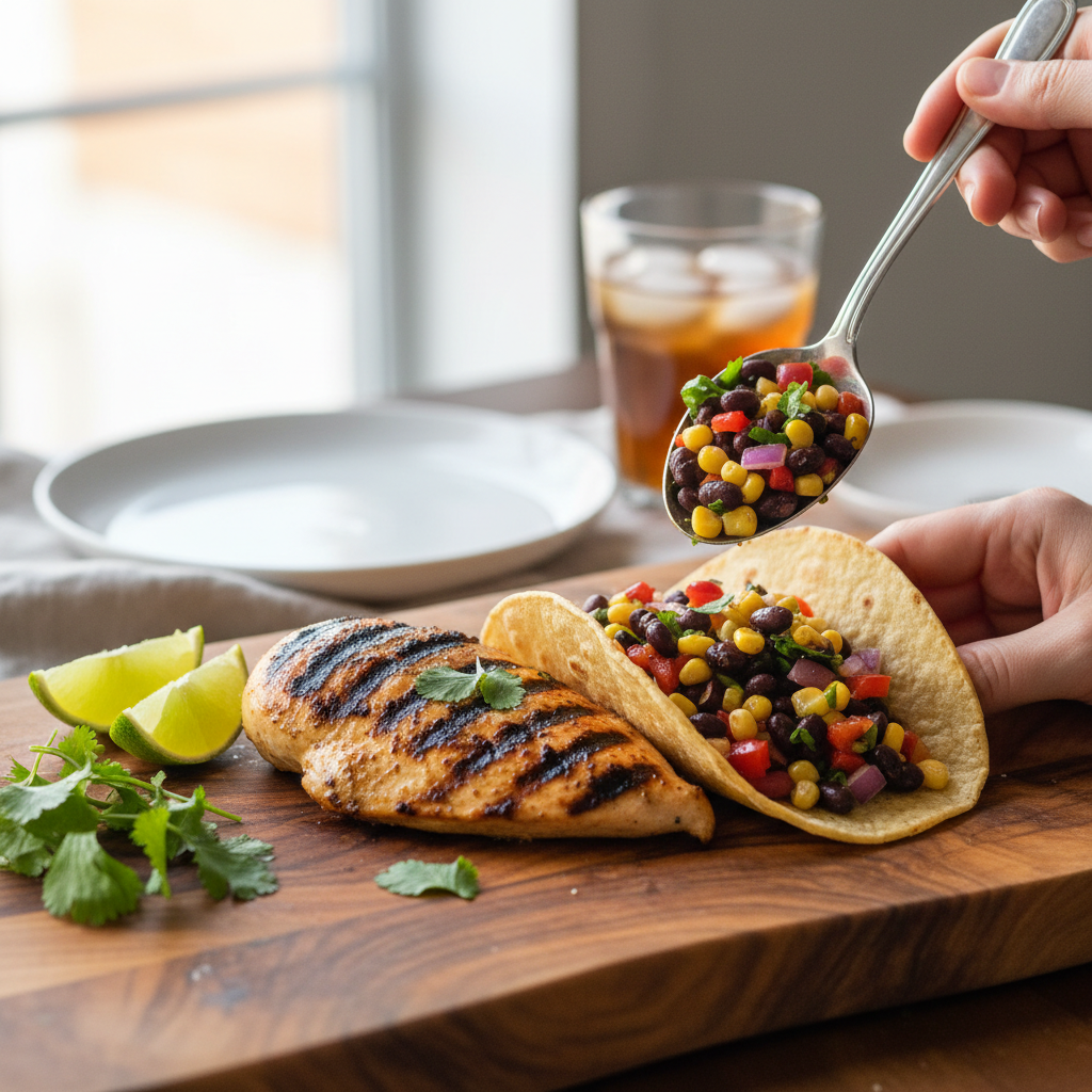 Black bean and corn salad served as a taco topping with lime