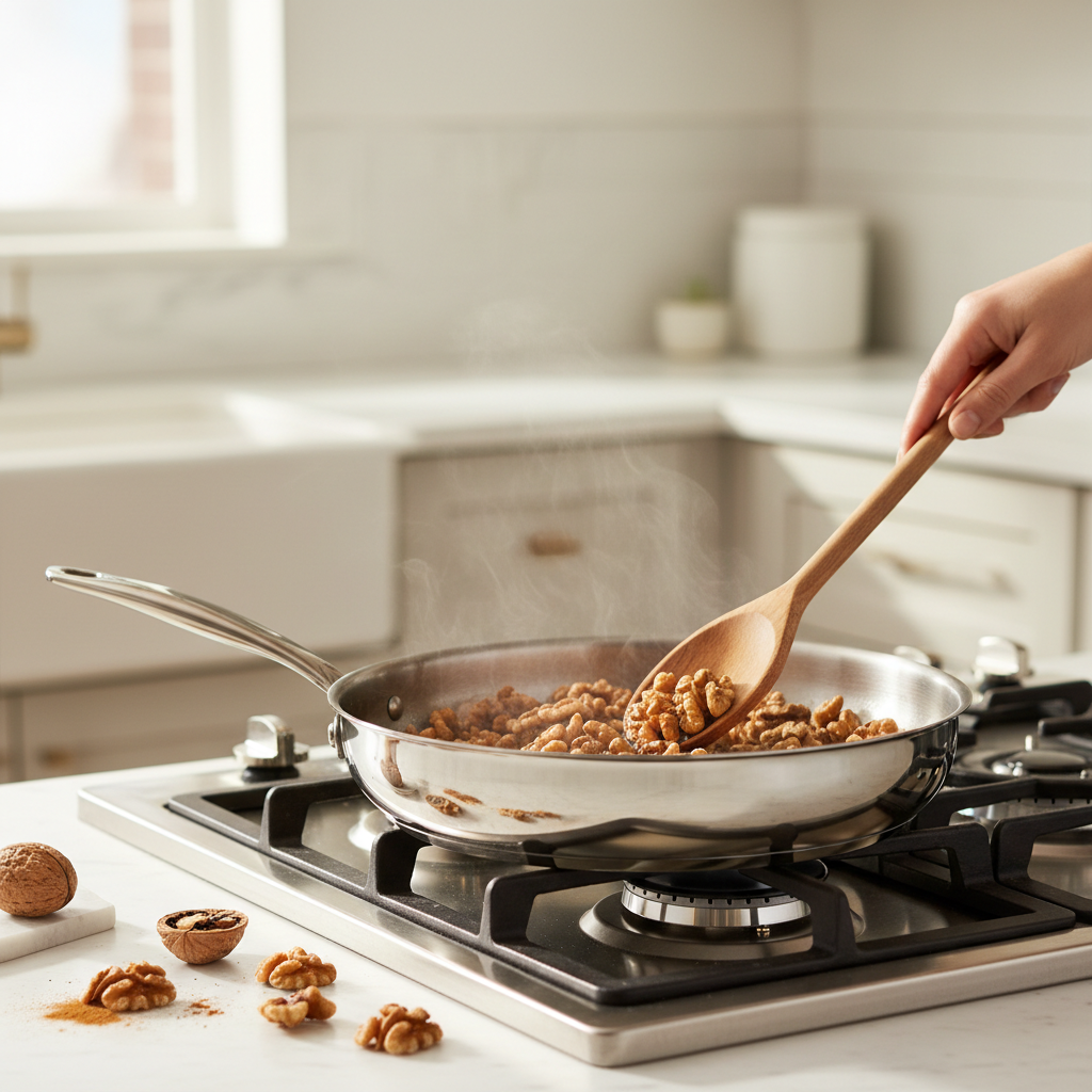 Toasting walnuts in a skillet for crunchy walnut recipes
