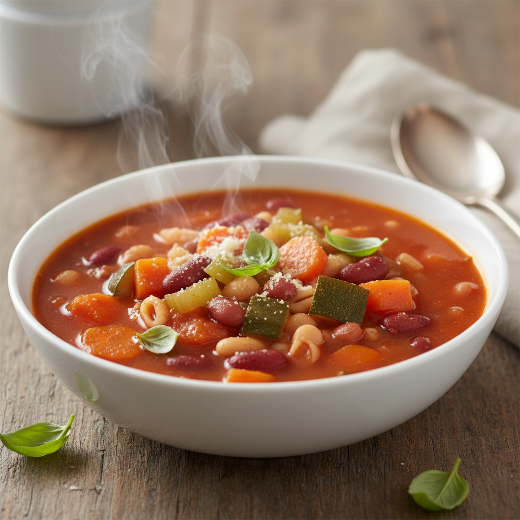 Classic minestrone soup with vegetables beans and pasta in a white bowl