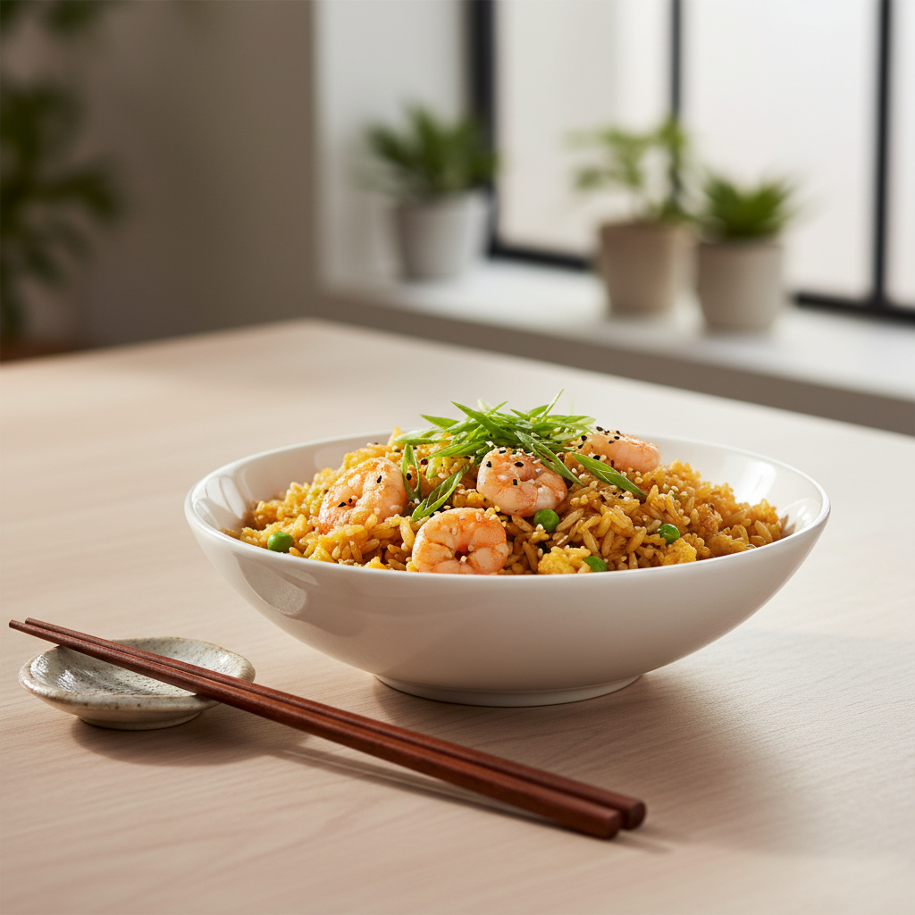 Shrimp fried rice served in a bowl with green onions and sesame seeds