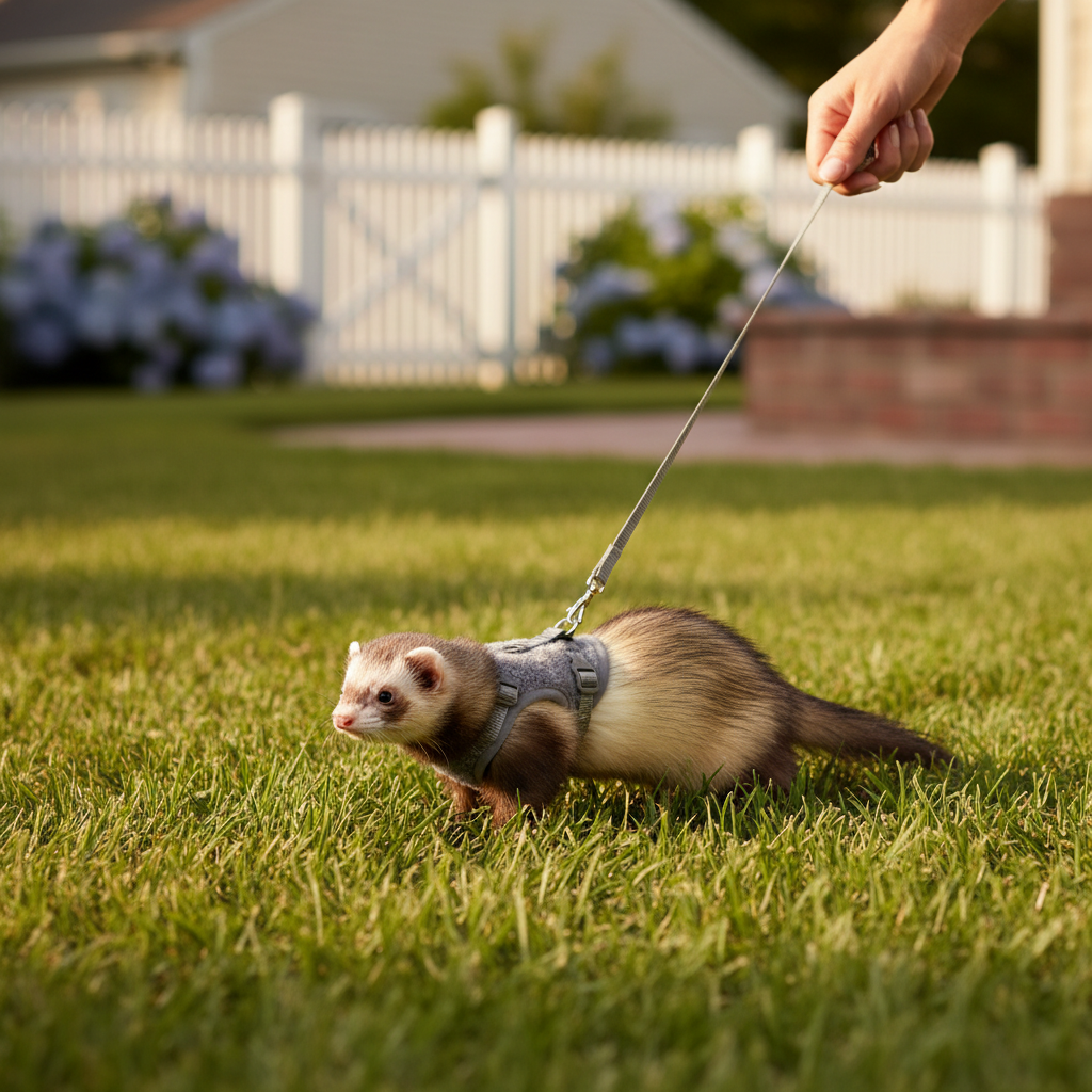 Ferret walking outdoors on a leash with a soft strap harness