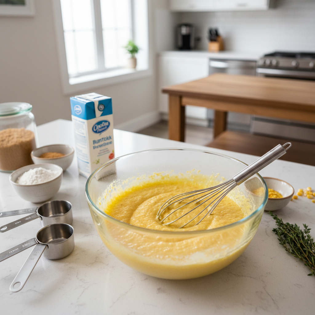 Cornbread batter being whisked in a glass bowl with cornmeal and buttermilk