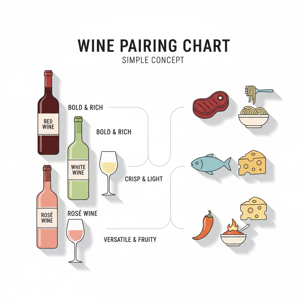 Simple wine pairing chart concept with bottles and food icons