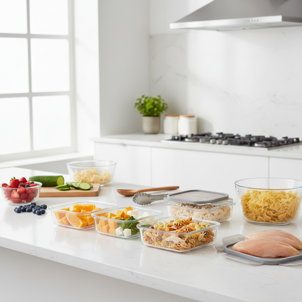 Meal prep setup for kid friendly meals with snack boxes and simple ingredients for picky eaters