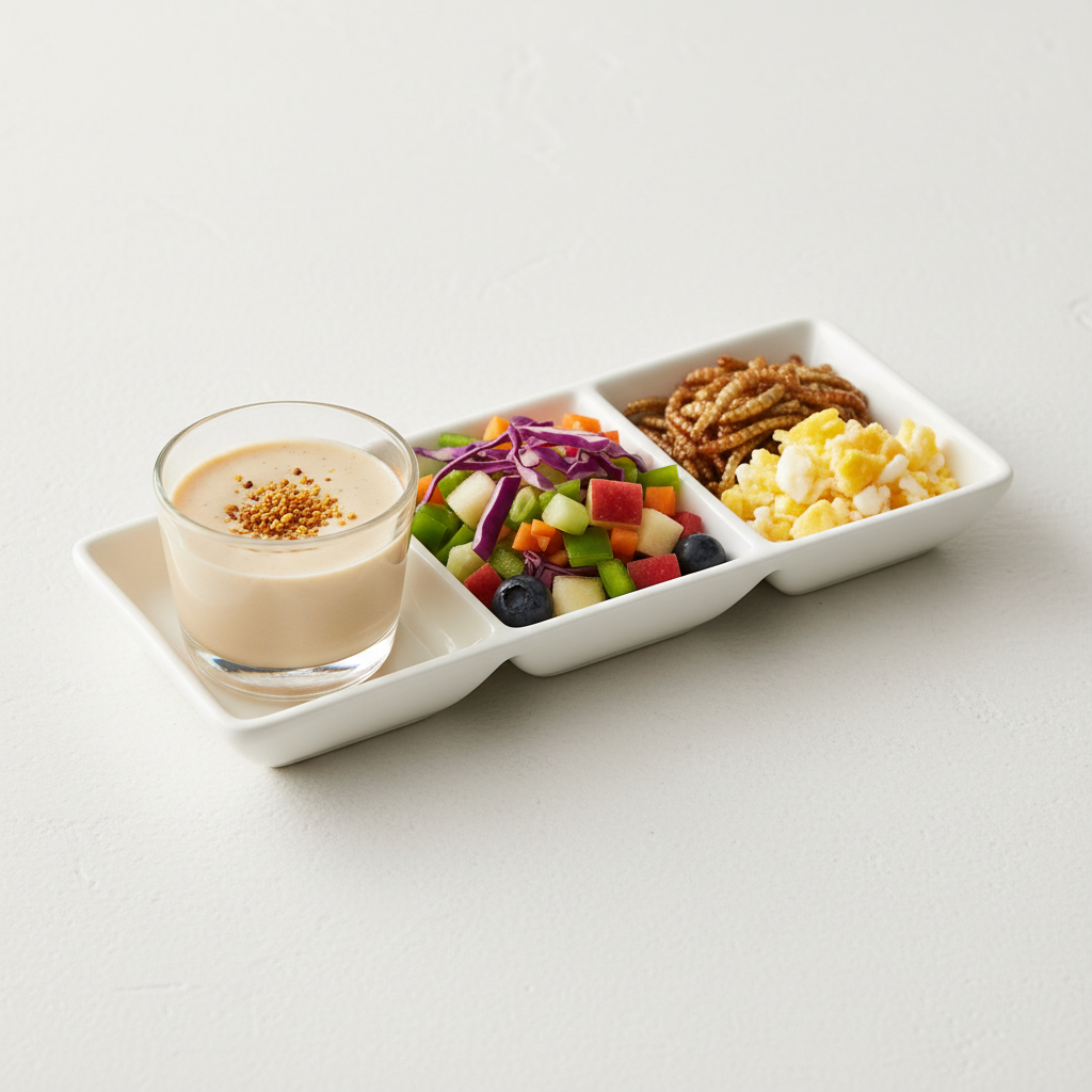 Balanced sugar glider meal with nectar, vegetables, and protein portion