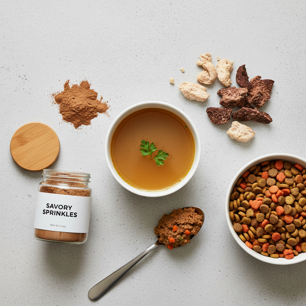 Comparison of popular savory dog food toppers like broth, freeze-dried, and wet food