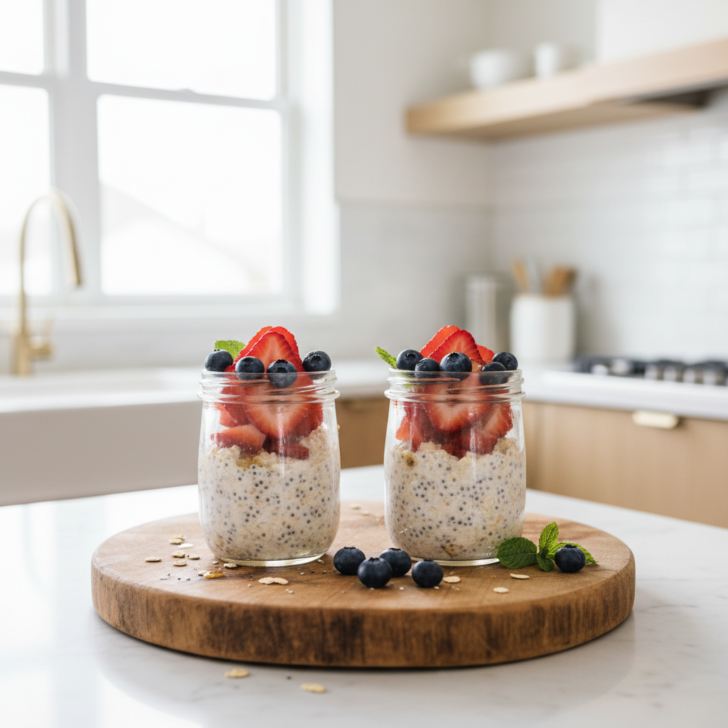 Overnight oats with yogurt in mason jars topped with strawberries and chia seeds