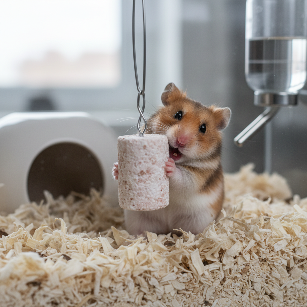 Hamster chewing a mineral stone chew toy in a clean cage setup