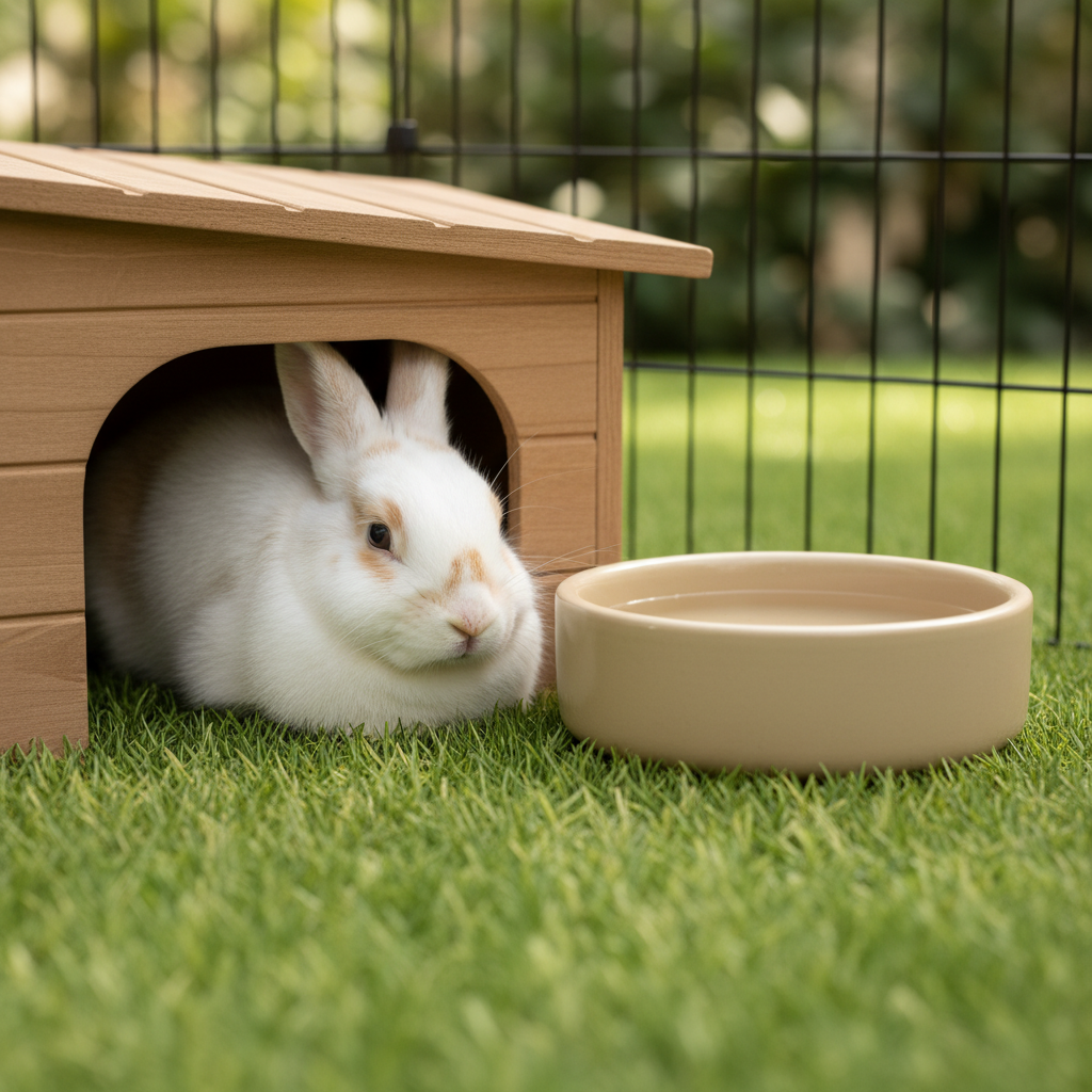 Rabbit resting in shaded outdoor playpen with hide box and water bowl