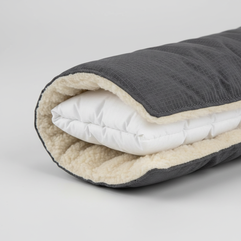 Close-up of layered dog coat showing fleece lining and outer shell fabric