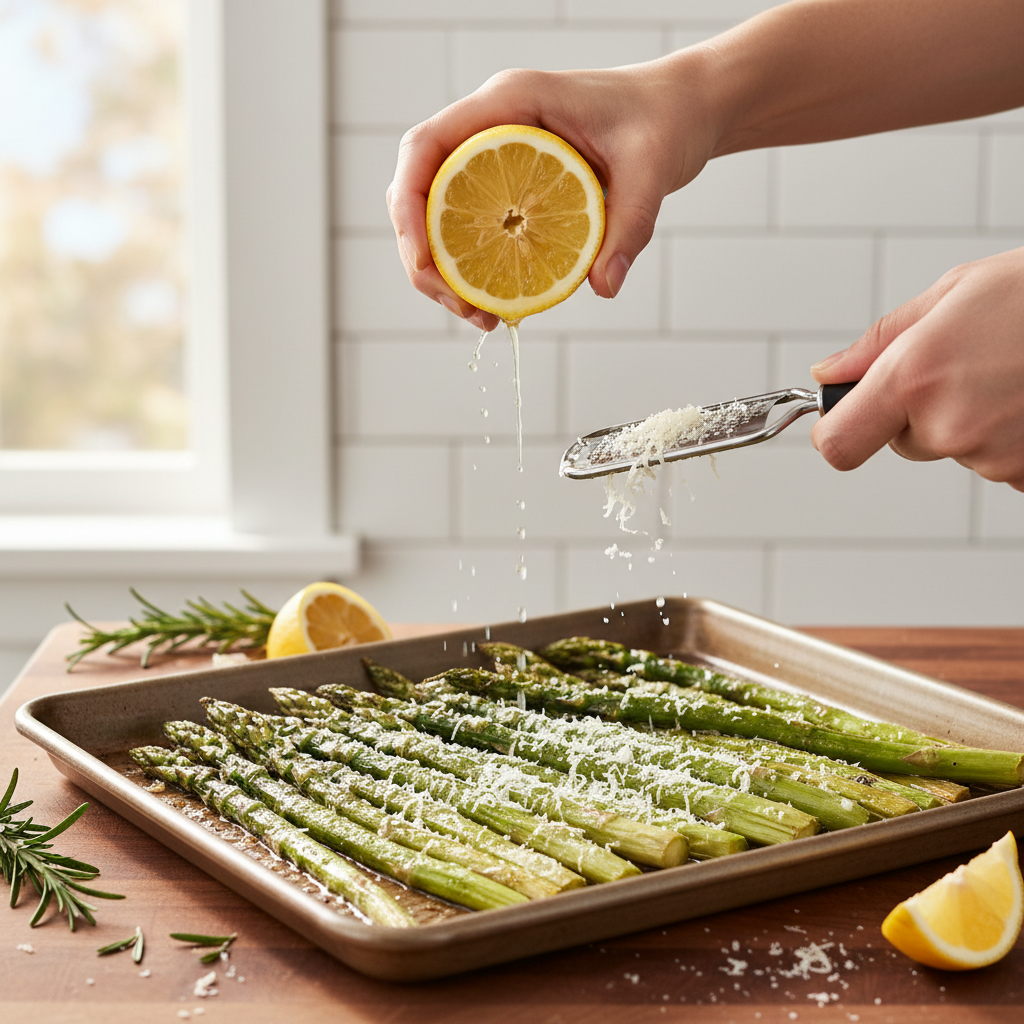 Roasted asparagus being finished with lemon and grated Parmesan on a sheet pan
