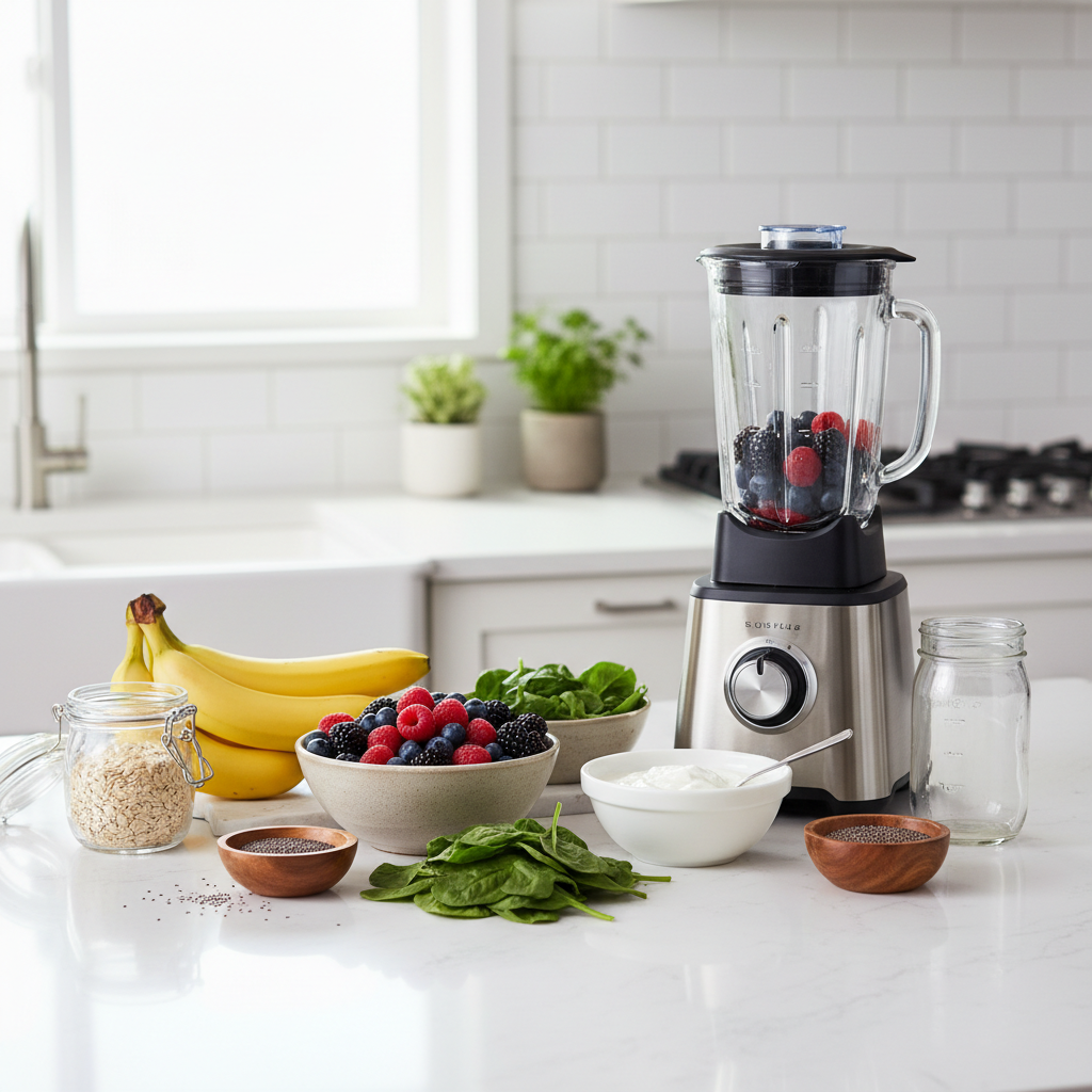 Quick breakfast smoothie ingredients on a kitchen counter